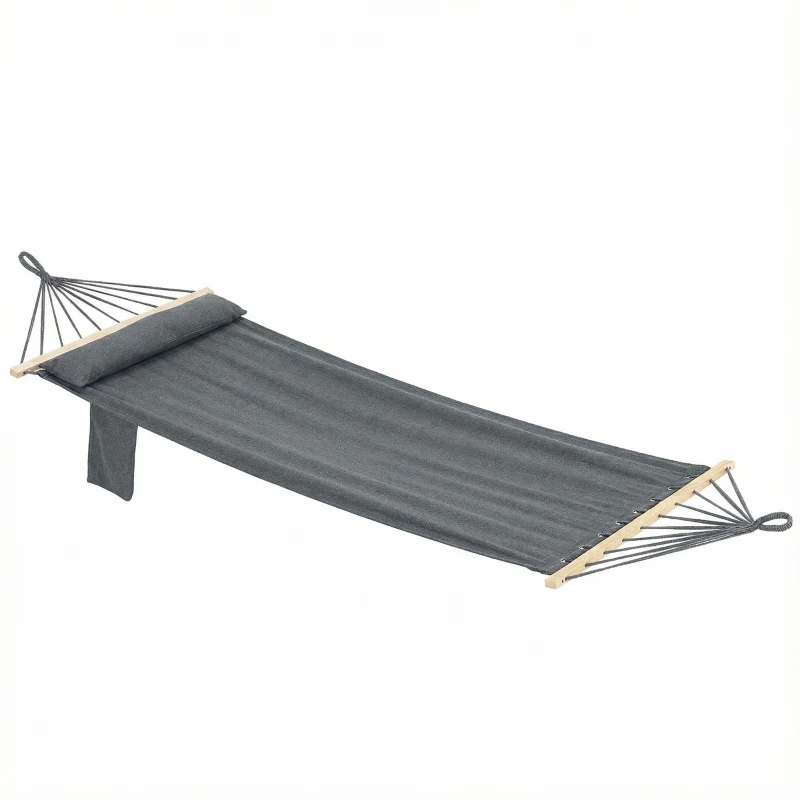 Outsunny Cotton Hammock, Soft Portable Swing Sleeping w/ Headrest & Side Pocket, Dark Grey