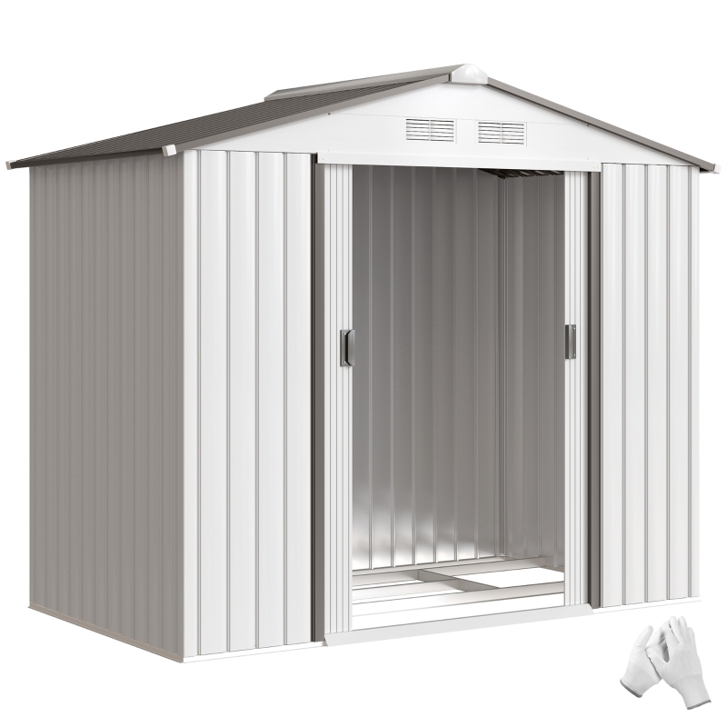 Outsunny Casetta Porta Utensili in Acciaio, Capanno da Giardino con Porte Scorrevoli, 213x130x185 cm, Bianco