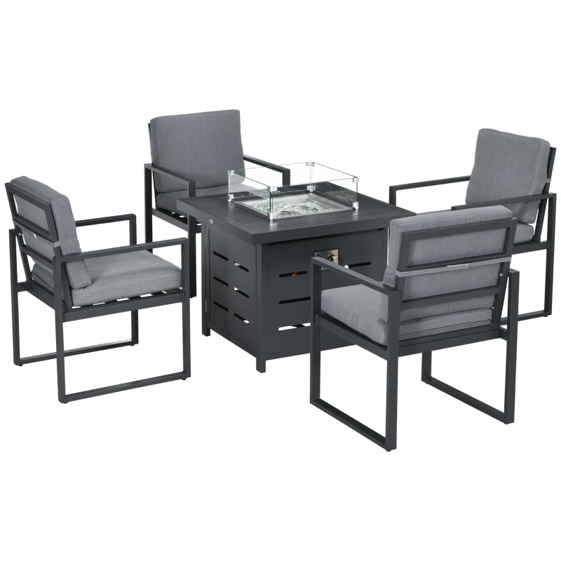 Outsunny 5-Piece Aluminium Garden Furniture Sets, 4 Seater Outdoor Conversational Dining Set with Gas Fire Pit Table Cushions for Yard, Poolside, Patio, Grey