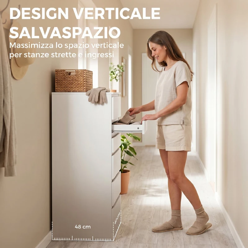 HOMCOM Cassettiera 6 Casetti per Camera da Letto con Specchio Ribaltabile, 40x48x110 cm, Bianco