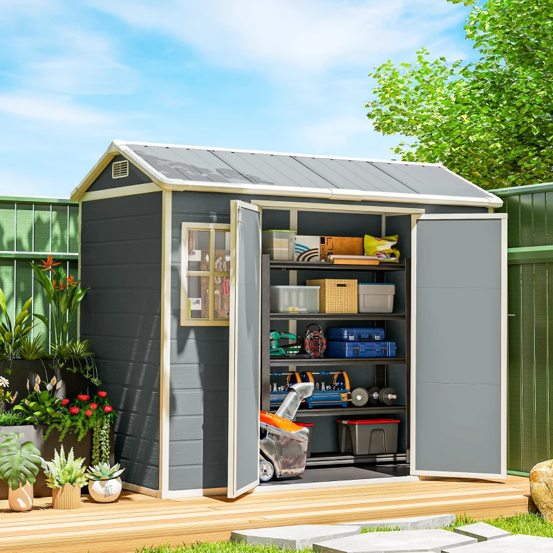 Outsunny 8 x 4 ft Plastic Garden Shed, Wood-Effect Outdoor Storage Shed with Floor, Windows, Lockable Doors and Vents, Light Grey