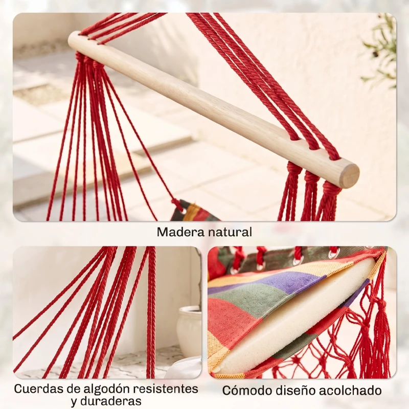 Outsunny Silla Hamaca Colgante Tejido de Algodón Poliéster Carga 100 kg Sillón Colgante para Interior Exterior Terraza 100x60x100 cm Multicolor