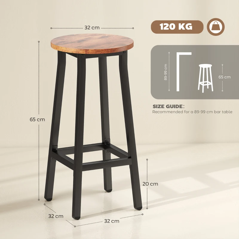 HOMCOM Bar Stools Set of 2 Breakfast Bar Stools with Footrest, Industrial Round, 32 x 32 x 65 cm, Rustic Brown