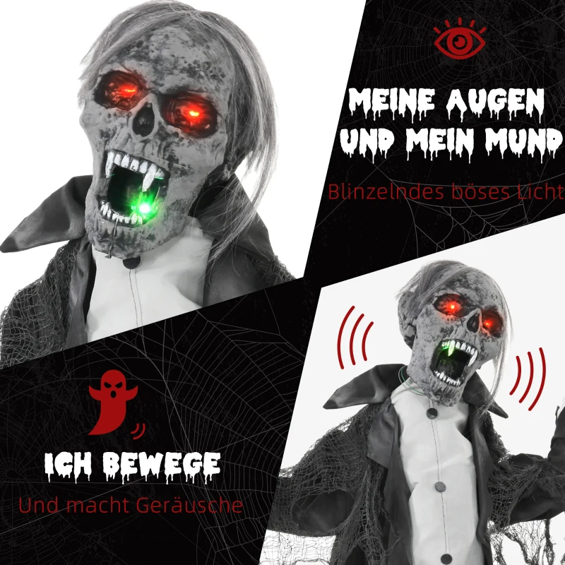 HOMCOM Halloween decoratie, Skelet/Zombie, beweegbaar, bewegingssensor, LED's & geluiden, 75 cm