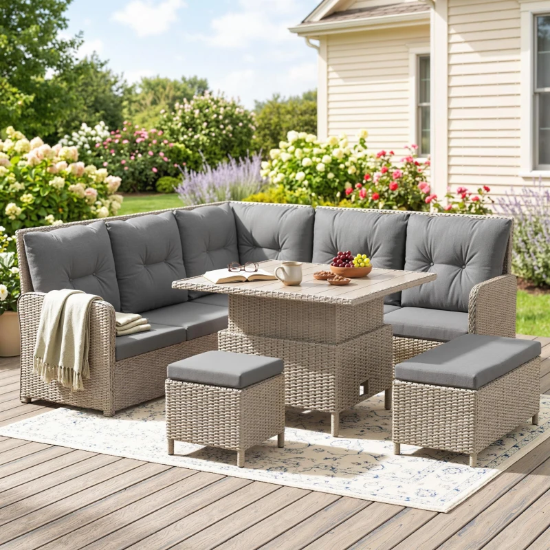 Outsunny 7 Seater Rattan Garden Furniture Set, 6 Piece Patio Dining Set with Liftable Coffee Table and Soft Padded Cushion, Wicker Sectional Conversation Corner Sofa, 123 x 55 x 84 cm, Light Grey