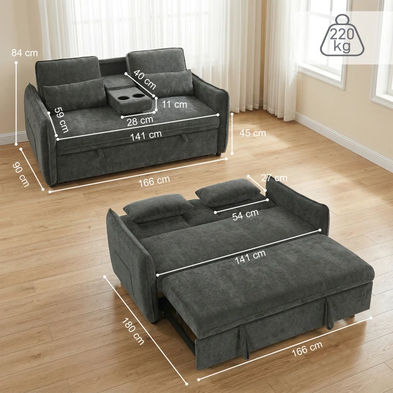 HOMCOM 3 in 1 Divano Letto 2 Posti con Schienale Regolabile in 3 Posizioni con 2 Cuscini, in Ciniglia, Grigio Scuro