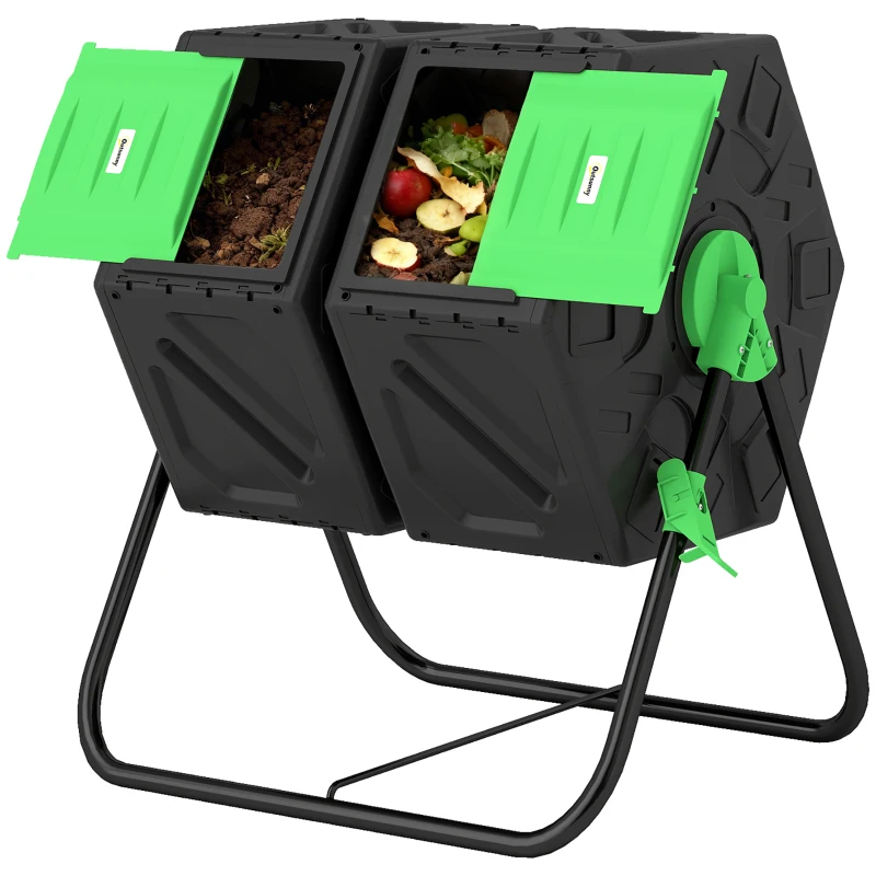 Outsunny Compostador Giratorio 130L Contenedor Compostaje Doble Cámara Aberturas de Ventilación Patas de Acero 67x60x77 cm Negro