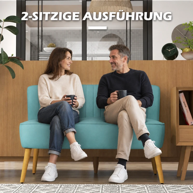 HOMCOM Sofa Retrodesign 2-Sitzer-Sofa, Holzbeine, 117 cm x 56,5 cm x 77 cm, Grün