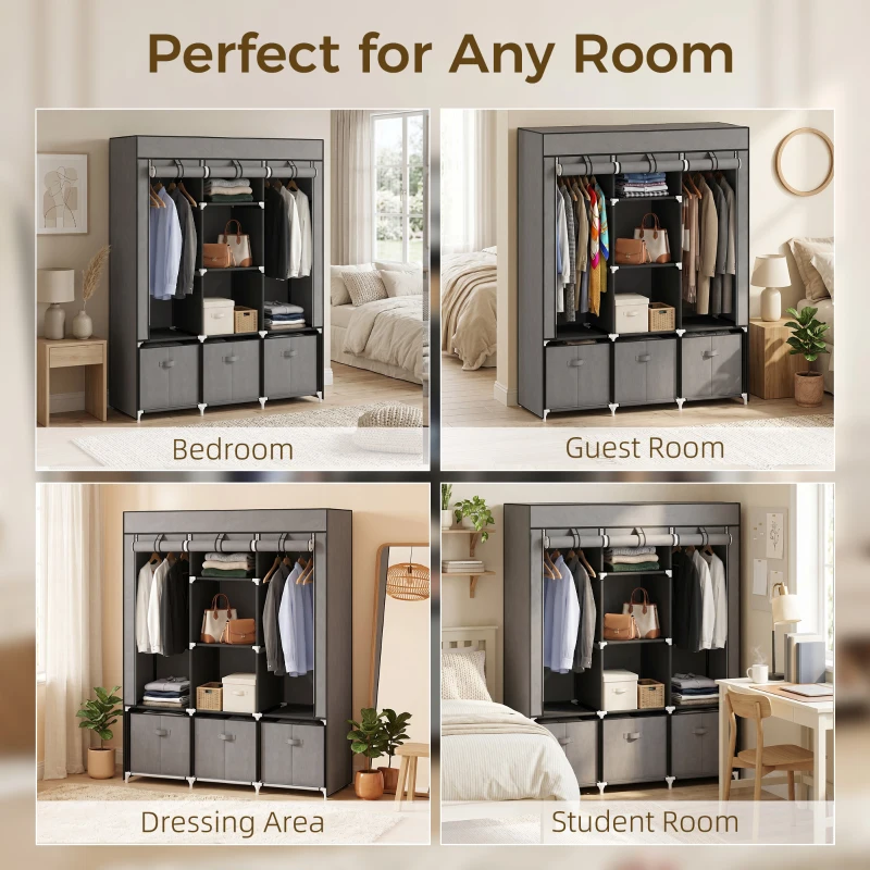 HOMCOM Foldable Fabric Wardrobe for Bedroom, Portable Wardrobe with 5 Shelves, 2 Hanging Rails and 3 Fabric Drawers, Dark Grey