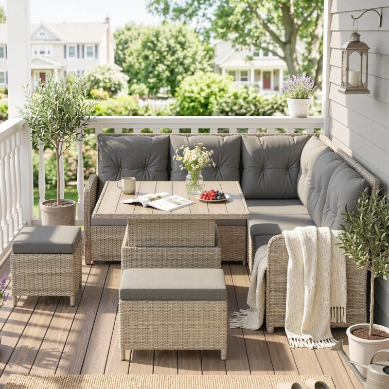 Outsunny 7 Seater Rattan Garden Furniture Set, 6 Piece Patio Dining Set with Liftable Coffee Table and Soft Padded Cushion, Wicker Sectional Conversation Corner Sofa, 123 x 55 x 84 cm, Light Grey
