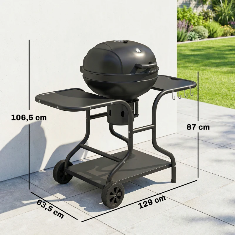 Outsunny Houtskoolbarbecue BBQ Smoker met zijtafels, dekselthermometer en wielen – 129 x 63,5 x 106,5 cm