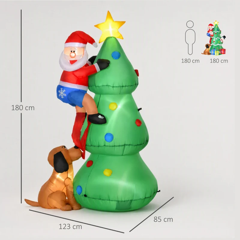 HOMCOM Albero di Natale Gonfiabile 180cm con Babbo Natale, Cagnolino e Luci LED, Decorazione Natalizia da Esterno