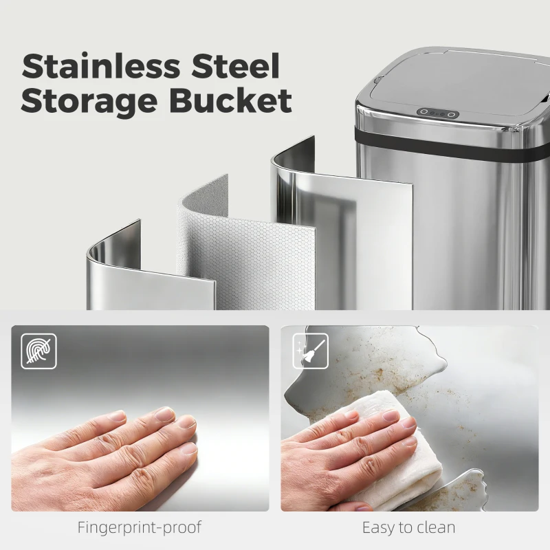 HOMCOM® automatische vuilnisbak prullenbak automatische keukenemmer bewegingssensor roestvrij staal met sensor zilver 50 l 33 x 25 x 84 cm | Aosom.nl