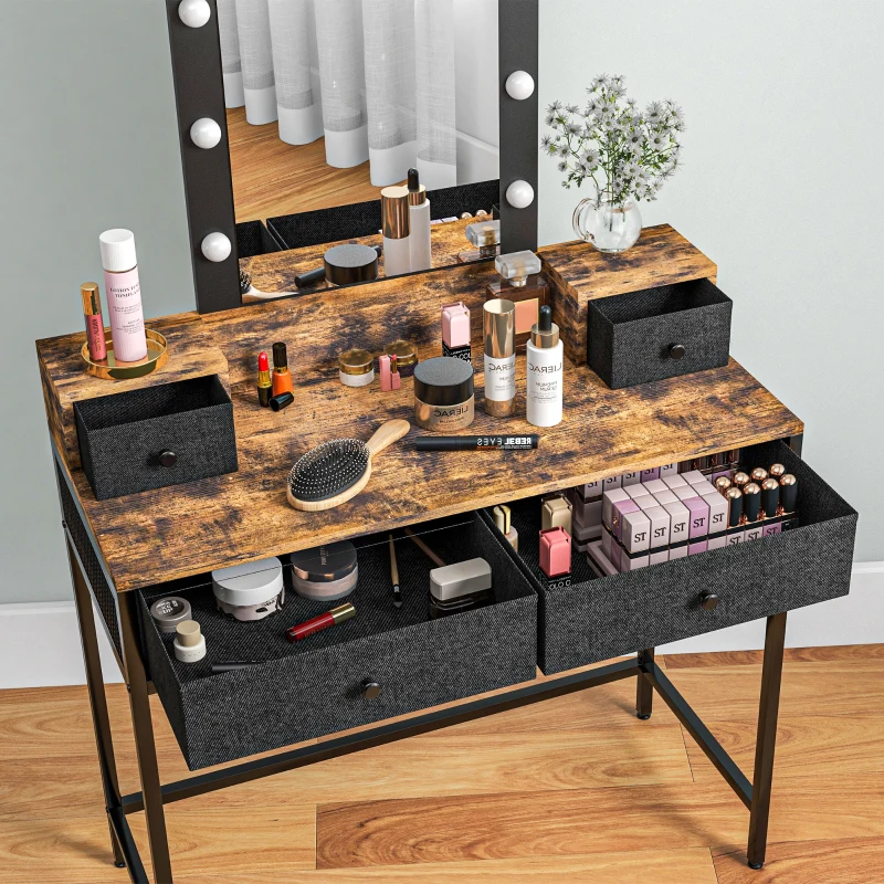 HOMCOM Coiffeuse table de maquillage miroir LED réglable intégré - pied en métal noir - 4 tiroirs en tissu - Aspect bois foncé
