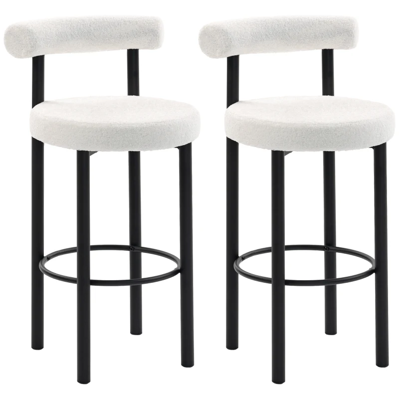 HOMCOM Lot de 2 tabourets de bar, chaises de bar en tissu bouclette avec dossier incurvé, repose-pieds, 50x52,5x98cm, blanc