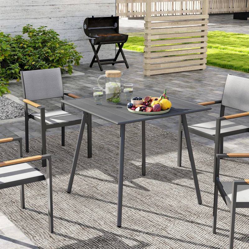 Outsunny Table à manger de jardin pour 6 personnes avec plateau à lattes pour jardin, patio, terrasse, 80 x 80 x 74 cm, gris