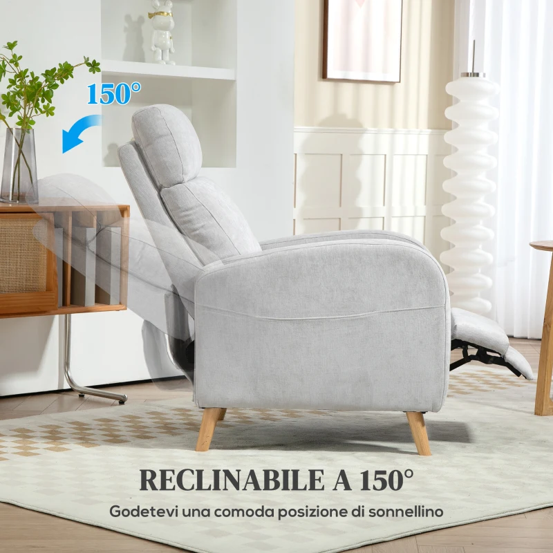 HOMCOM Poltrona Reclinabile 150° max con Poggiapiedi, in Tessuto Effetto Lino, 68x90x106 cm, Grigio Chiaro