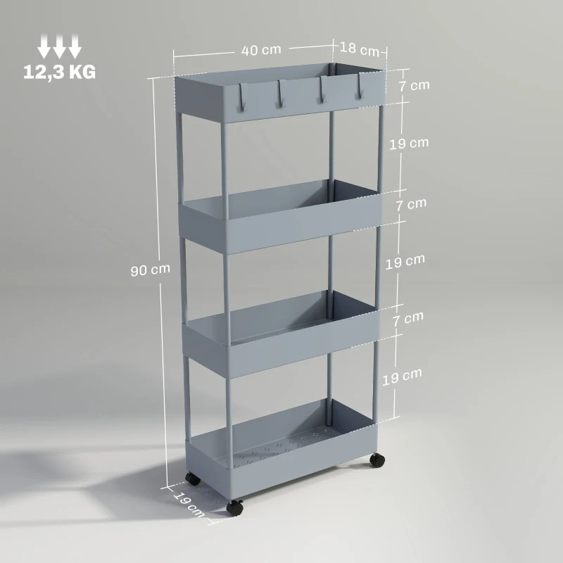 HOMCOM Carro de Cocina de 4 Niveles Carrito Auxiliar con Ruedas 4 Cestas y 4 Ganchos Extraíbles para Salón 40x19x90 cm Gris