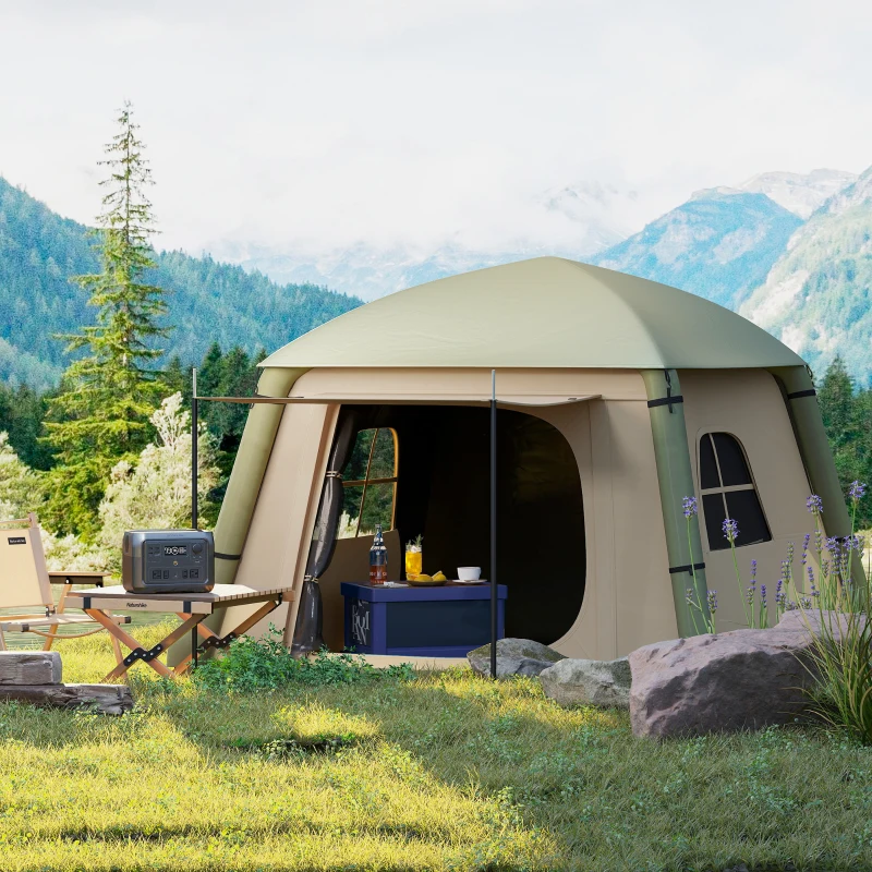 Outsunny Inflatable Camping Tent with Hand Pump, Easy Setup 1/2 Person Blackout Blow Up Tent, Brown