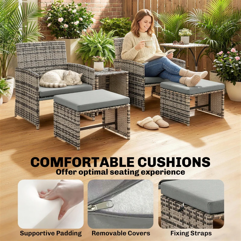 Outsunny 6 Piece Rattan Garden Furniture, Space-Saving Patio Furniture Set with Nesting Tables, Chairs, Stools, Cushions, Grey