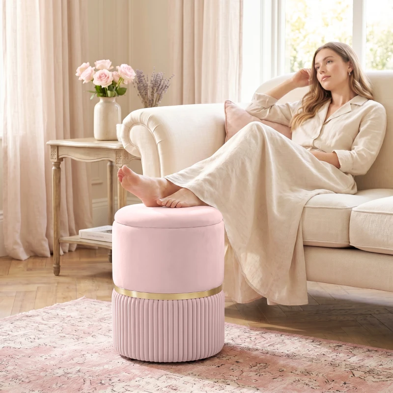 HOMCOM Pouf tabouret repose-pied coffre de rangement en velours côtelé 36 x 36 x 44 cm pour salon chambre rose