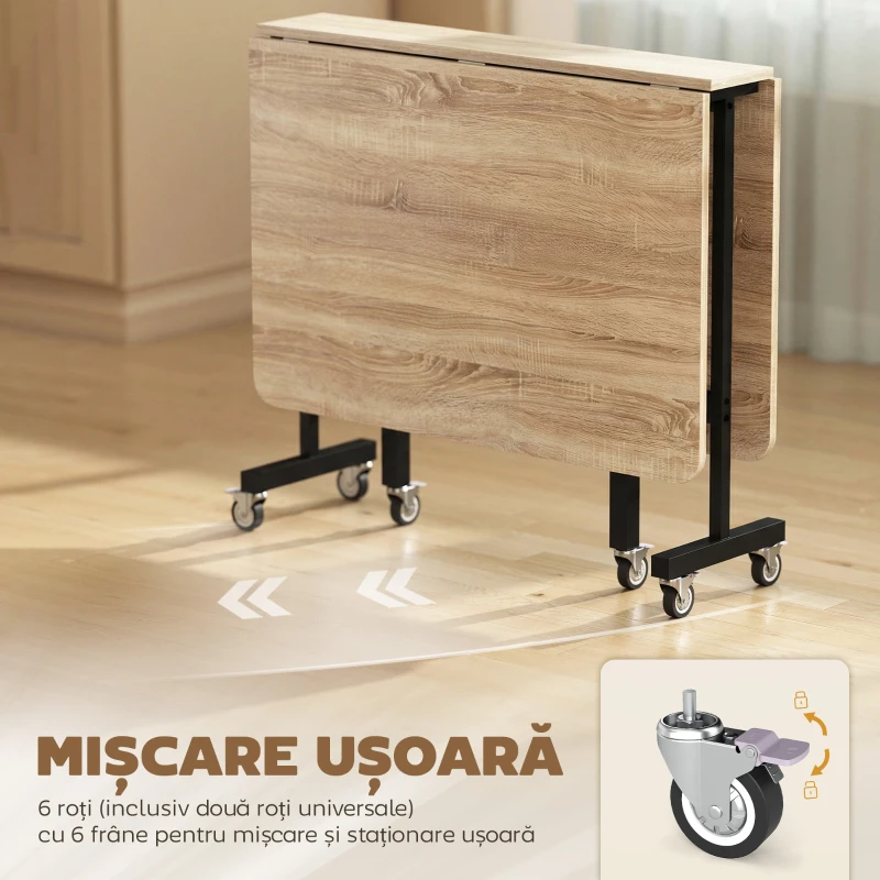 HOMCOM Masă Pliabilă pentru 4-6 Persoane cu 2 Extensii și Roți cu Frână, 120x80x73 cm, Stejar