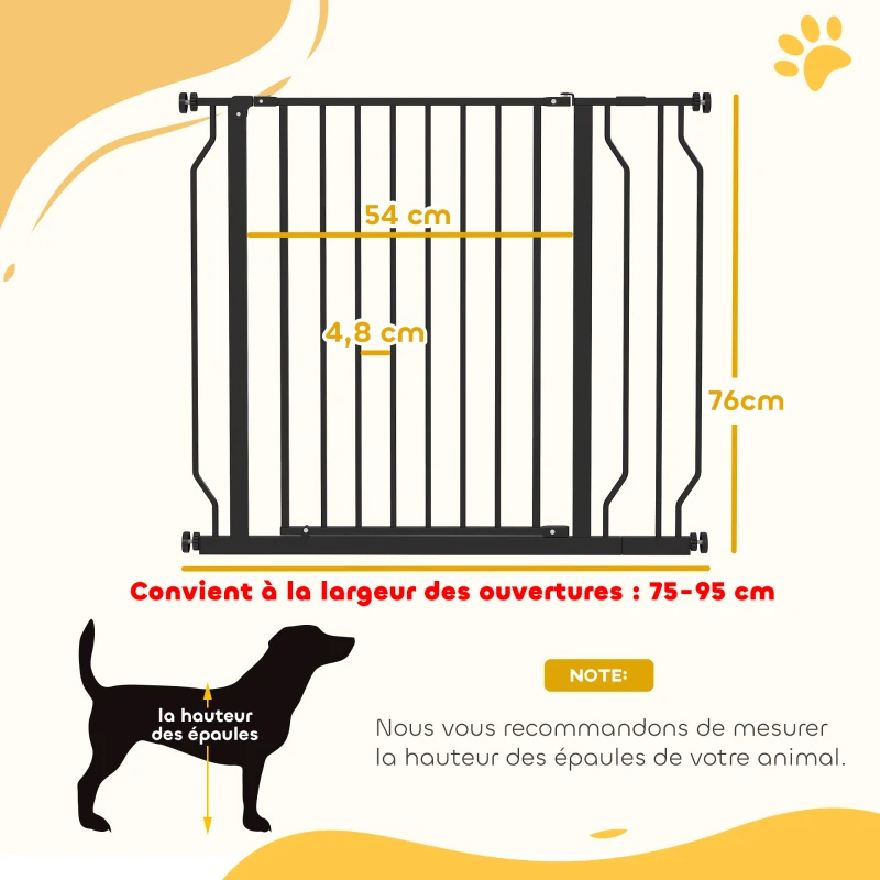 PawHut Barrière de sécurité barrière pour animal domestique longueur réglable sans perçage en acier et ABS 75-95 x 76 cm noir