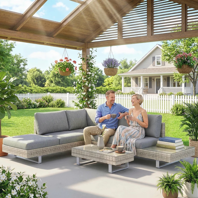 Outsunny Conjunto de Jardín Exterior de Ratán de 3 Piezas con Sofá Modular de 3 y 2 Plazas Mesa Lateral Mesa de Centro Cojines