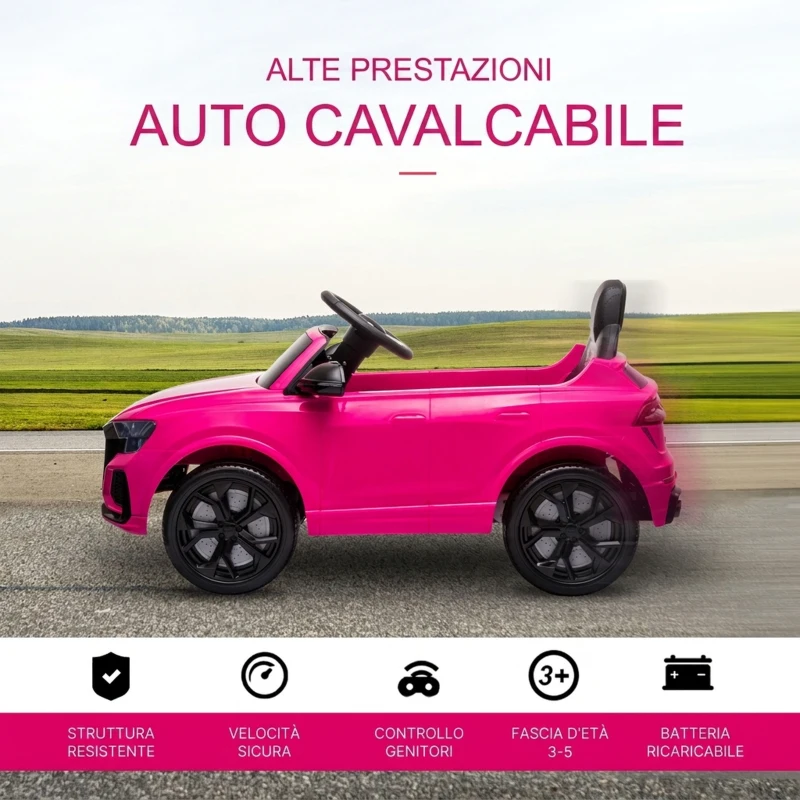 HOMCOM Macchina Elettrica per Bambini 3-5 Anni 6V Audi RS Q8 Autentica, 1.5-3km/h, con Telecomando e Musica, Rosa