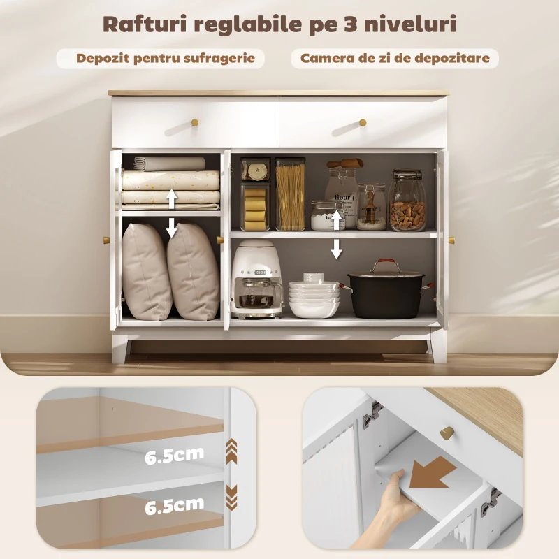 HOMCOM Bufet de Bucătărie cu 2 Sertare și 2 Dulapuri cu Uși din Sticlă, din Lemn, 100x35x80,3 cm, Alb și Stejar