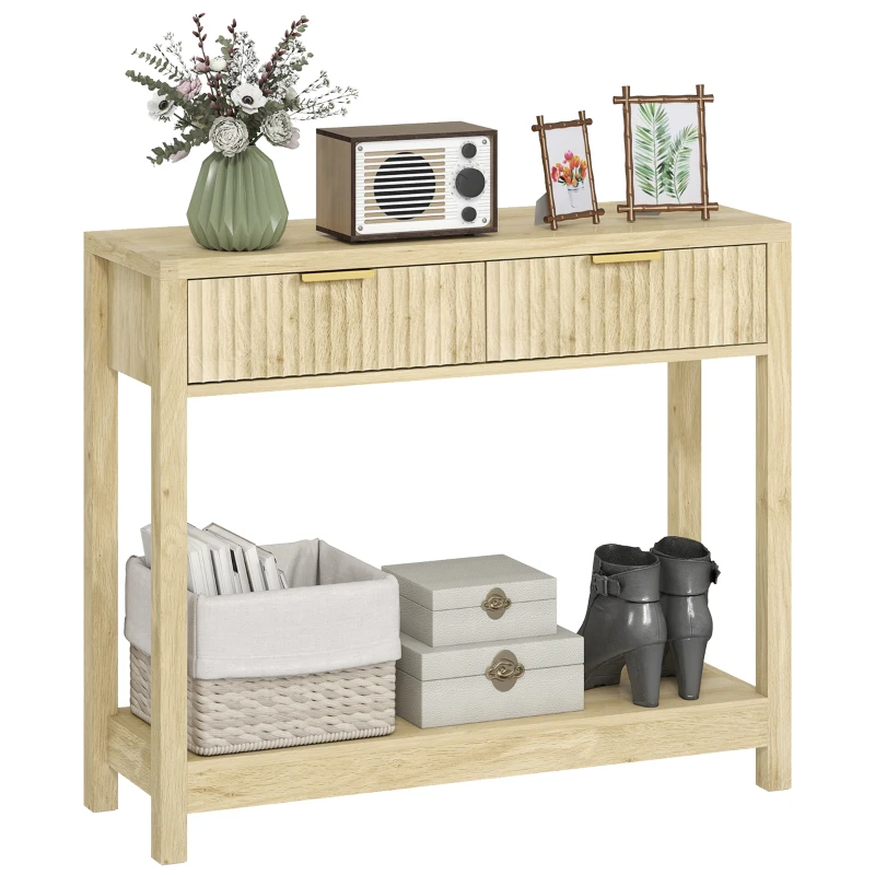 HOMCOM Console meuble 90 cm, table console étroite avec 2 tiroirs rainurés et étagère, style moderne, bois naturel