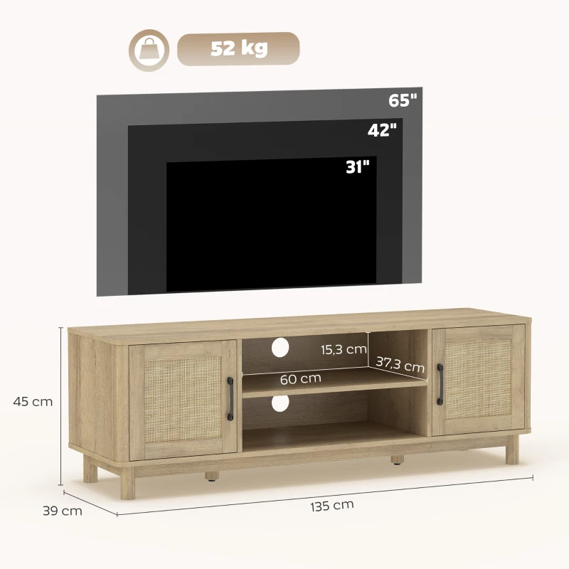 HOMCOM Meuble TV 135 cm, meuble télé pour téléviseur jusqu'à 65 pouces avec 2 portes en rotin, 2 compartiments ouverts, chêne