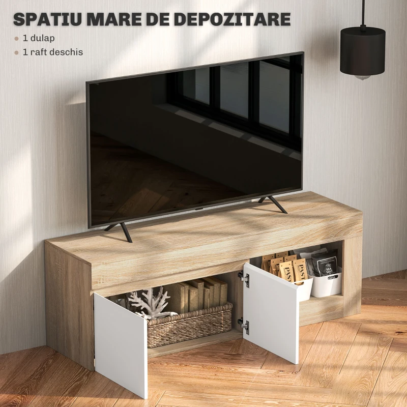HOMCOM Dulap TV Modern pentru televizoare de până la 60" cu dulapior cu 2 uși și raft deschis, 140x40x48 cm, alb și culoare lemn