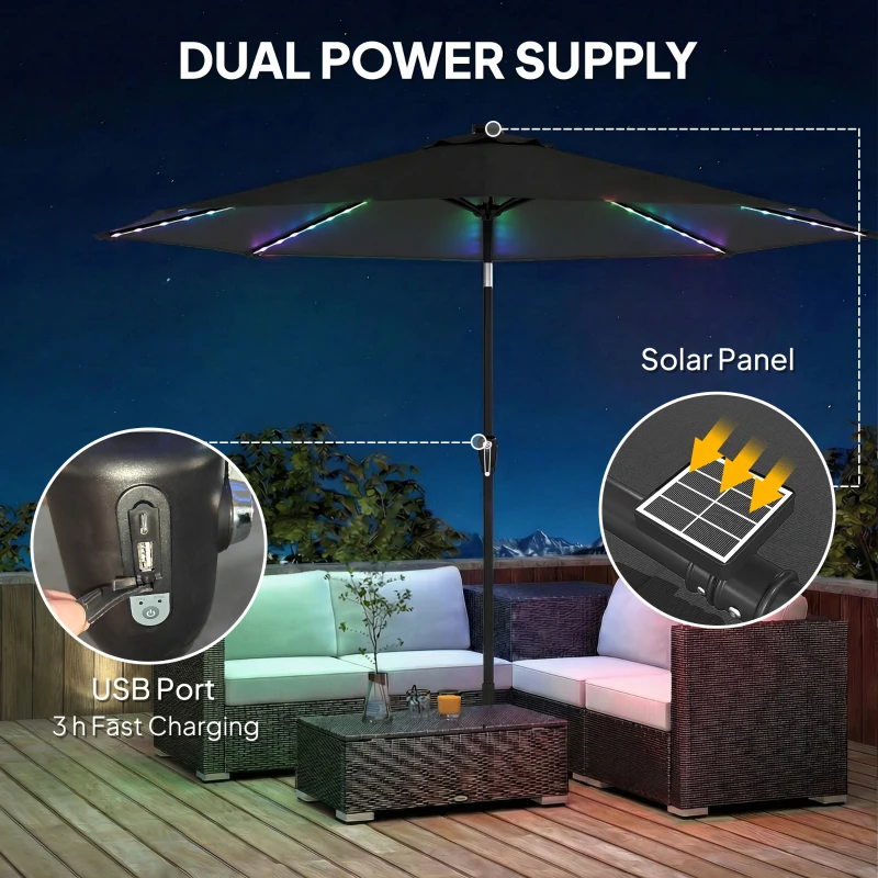 Outsunny 3 m Garden Parasol Umbrella with 112 Solar Powered LED Lights, Patio Umbrella with Crank Handle, Black