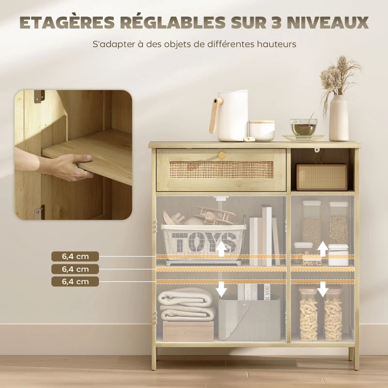 HOMCOM Buffet, meuble de rangement, 2 portes en rotin, tiroir, niches ouvertes, étagères réglables, 75x30x79,5cm, bois naturel