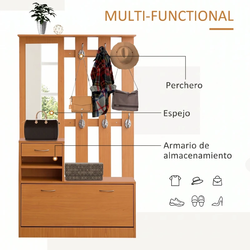 HOMCOM Recibidor de Entrada con Espejo Perchero y Zapatero Mueble de Recibidor de 2 Piezas con 6 Ganchos Estantes y Cajón Abatible para Pasillo Madera Marrón