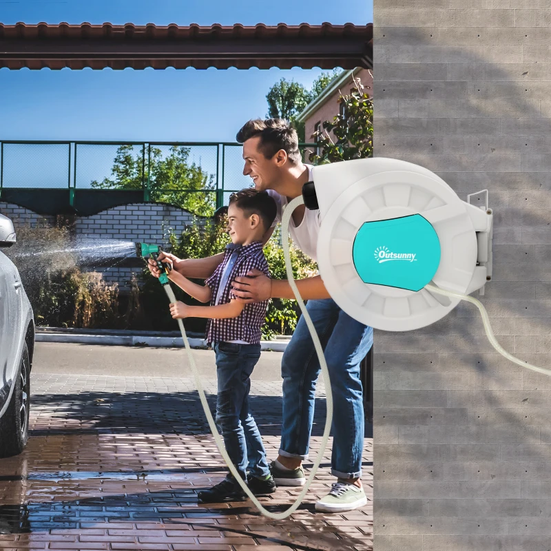 Outsunny Carrete de Manguera Retráctil 20 +2 m con Soporte Boquilla de 7 Funciones y Bloqueo Retorno Automático Gris