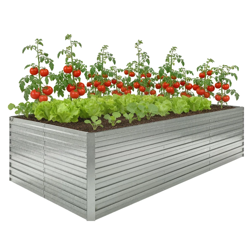 Outsunny Jardinière extérieure, jardinière surélevée galvanisée bordure de sécurité et fond ouvert 240 x 120 x 60 cm gris argenté