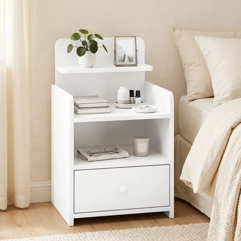 HOMCOM Bedside Cabinet, Bedside Table with Drawer and Shelf for Living Room, White