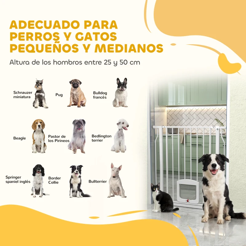 PawHut Barrera de Seguridad para Perros con Puerta Pequeña para Escaleras y Puertas 75-85 cm con Doble Bloqueo Blanco