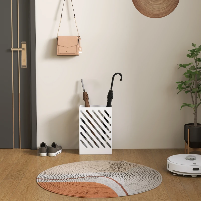 HOMCOM Suport pentru umbrele de design cu tavă pentru colectarea picăturilor și 4 cârlige din metal, 28x14x41 cm, alb