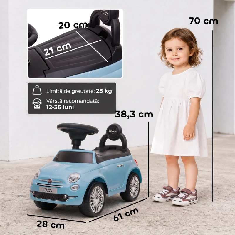 AIYAPLAY Mașinuță de Împins pentru Copii cu Licență Fiat, Muzică, Claxon, Anti-Răsturnare și PP, Albastru