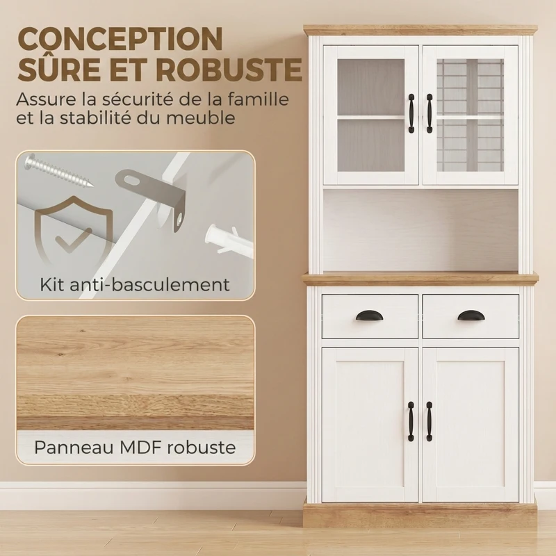 HOMCOM Buffet Haut Cuisine, Armoire Cuisine, 4 Portes dont 2 en Verre, 2 Tiroirs, Plan de Travail, Étagères Réglables, Blanc