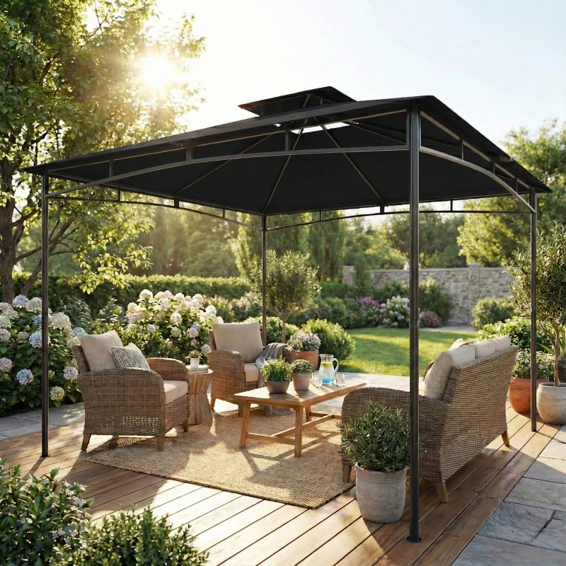 Outsunny 3 x 3 m Gazebo, Garden Gazebo with 2-Tier Roof, Metal Frame, Black