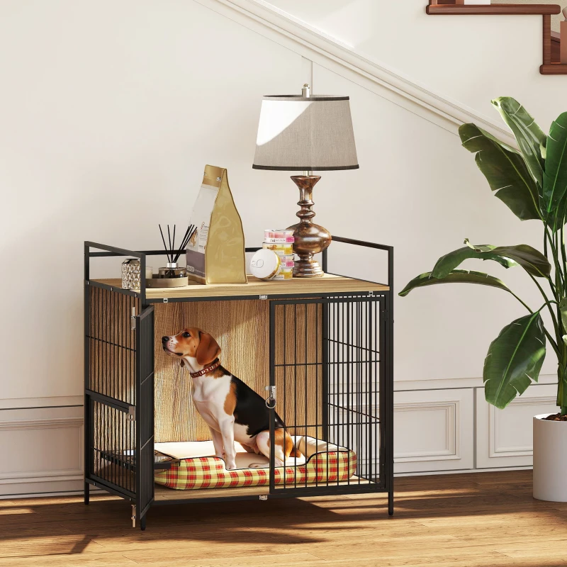 PawHut Jaula para Perros Mesa Auxiliar Moderna con Soporte Giratorio con 2 Tazones y 2 Puertas 80x56x76,5 cm Roble