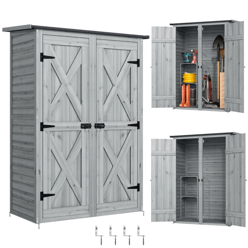 Outsunny Caseta de Jardín de Madera 115x53x156 cm Armario para Herramientas con Puertas Dobles y Estantes Techo Inclinado Gris