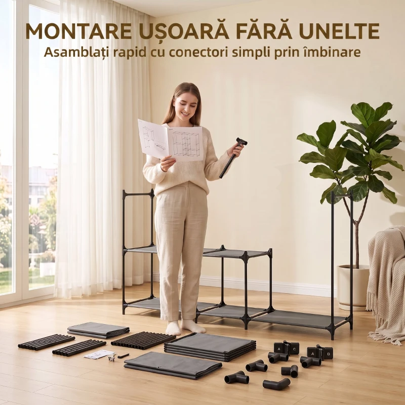 HOMCOM Dulap Textil Compact cu 3 Bare pentru Umerașe, 5 Rafturi și Structură din Oțel, 182 x 43 x 182 Cm, Negru