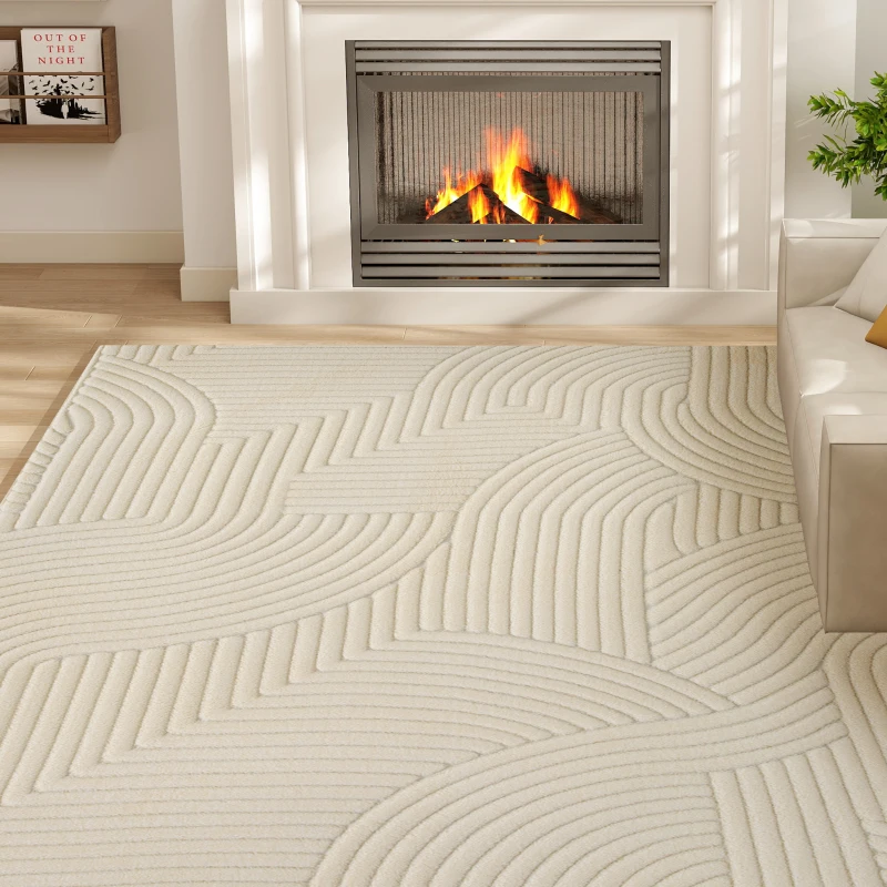 HOMCOM Tapis salon 160 x 120 cm, tapis à poils épais géométrique, moelleux et antidérapant, crème