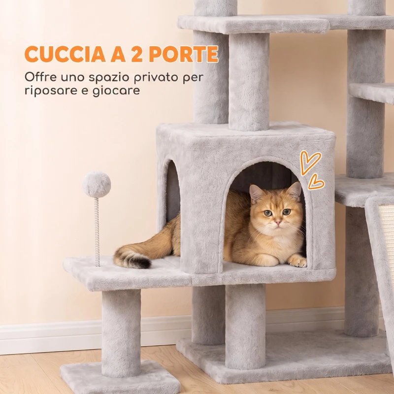 PawHut Albero Tiragraffi Multilivello 152 cm con 4 Pali per Gatti da Interno, Grigio Chiaro