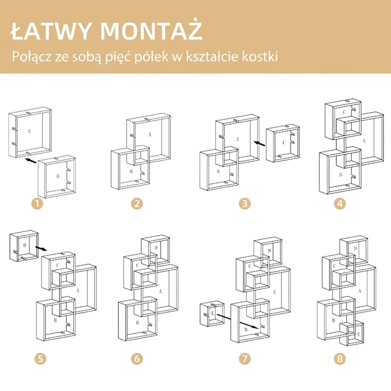 HOMCOM Regał ścienny wiszący z 5 sześcianami, 9 przegródek, dekoracja ścienna do salonu sypialni, drewno świerkowe, biały, 49,5 x 10,2 x 86 cm